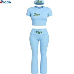Customized Custom Logo Women 3 Piece Set High Waist Flare Pants and <b>Crop</b> <b>Top</b> with Headband Athleisure Yoga Workout Tracksuit - Product Image 1
