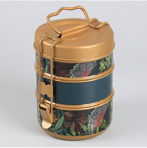 Turquoise brass tiffin <b>box</b>, 3 tier botanical vintage lunch <b>box</b>, colorful floral food carrier, available at wholesale prices. - Product Image 6