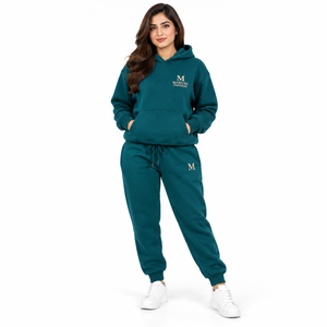 Conjunto Deportivo de Verano con Capucha Unisex MANGOES FASHION, Color Verde Azulado Sólido, 100% Algodón, Manga Larga, Pantalones Casuales con Cordón Lateral - Product Image 1