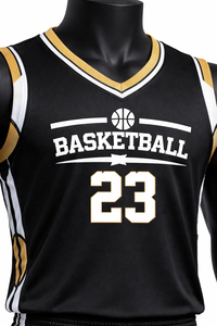 Ensemble personnalisé de maillot et short de basketball pour adultes en polyester noir et or, respirant, séchage rapide, vente en gros OEM - Product Image 4