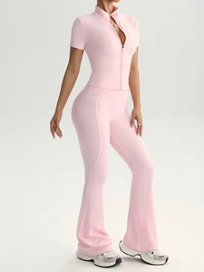 Womens Short Sleeve Full Zip <b>Mock</b> <b>Neck</b> <b>Top</b> and Flared Pants Set | 2 Piece Gym Workout Tracksuit Fitted Activewear Co ord - Product Image 4