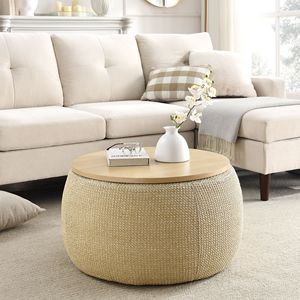 Pouf Rotondo Multifunzione 2 in 1 Naturale (64,77x64,77x36,76 cm) - Utilizzabile Come Tavolino e Pouf - Product Image 2