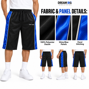 Shorts 3/4 personnalisés pour hommes en polyester noir et bleu, taille élastique avec cordon de serrage, panneaux latéraux et poches avec passepoil argenté, vente en gros de vêtements - Product Image 6