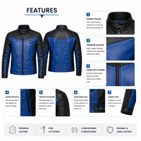 Blouson Moto Homme en Cuir et Toile Bleu Noir, Col Montant, Logo Frontal, Fermeture Éclair, Coupe Slim, Coupe-Vent, Idéal Hiver