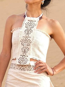 Handcrafted Tribal Halter Neck <b>Top</b> with Sacred Geometry Embroidery Boho Fringe <b>Festival</b> Cropped Blouse Organic Raw Cotton Shirt - Product Image 3