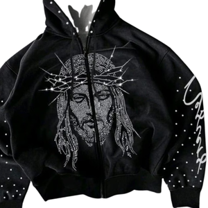 Sudadera con Capucha Personalizada con Pedrería de Jesús – Sudadera Religiosa Negra con Cristales Brillantes y Diseño de Corona, Sudadera de Lujo Estilo Urbano, Unisex - Product Image 1