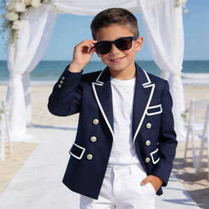 Costume de blazer bleu marine à double boutonnage pour garçons avec passepoil blanc |   Veste de cérémonie et de fête pour enfants - Product Image 1
