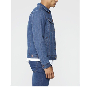 High Quality Custom Brand Casual Slim Long Sleeve Stand Collar Front Logo Jean Biker Classic Style Vintage Blue Denim Jacket <b>Men</b> - Product Image 4
