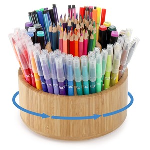 Bamboo Wood <b>Rotating</b> Pen Holder Multi-Compartment <b>Desk</b> Organizer Wholesale - Product Image 1