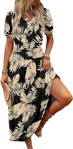 Vestidos Maxi para Mujer, Cuello en V, Vestido Midi Largo, Línea A, Cintura Fruncida, Ropa Casual de Verano y Primavera, Estilo Boho, Playa - Product Image 3