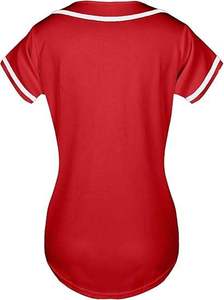 เสื้อเบสบอลสีแดงสำหรับผู้หญิง แขนสั้น กระชับรูปร่าง ระบายความชื้นได้ดี ติดกระดุมด้านหน้า สีพื้น - Product Image 2