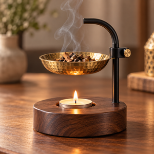 Luxury Wooden Base Adjustable Bakhoor <b>Burner</b> with Golden Metal Bowl and <b>Candle</b> Holder - Product Image 2