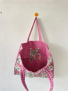 Luxury <b>White</b> Floral Quilted Cotton Tote <b>Bag</b> with <b>Hand</b> Block print Bohemian Style Open Casual Shopping Tote <b>Bag</b> for Women - Product Image 4
