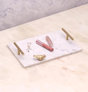 Luxury White Marble Classic <b>Serving</b> <b>Tray</b> with <b>Gold</b> Metal Handles and Bird Accent Tableware & Jewelry Storage for Home Decor - Product Image 5