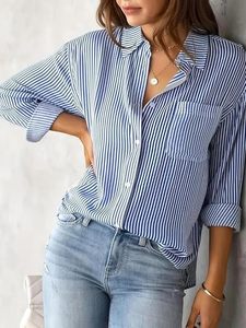 Camisa de Mujer, Corte Clásico, Estampado a Rayas Azul y Blanco, Polialgodón, Manga Larga, Cuello Mao, Largo Estándar, Cierre de Botones - Product Image 4