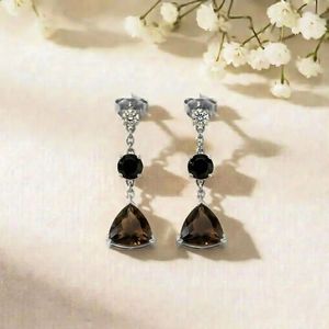Premium Trillion Cut Smoky Quartz <b>Earrings</b> With Round Drop Dangle Handmade 925 Sterling Silver Elegant <b>Fine</b> Gemstone <b>Earrings</b> - Product Image 2
