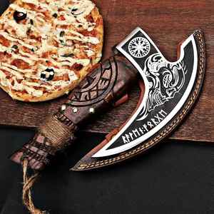 Hacha para Pizza de Acero al Carbono de Alta Calidad, Forjada a Mano, Estilo Vikingo, con Funda de Cuero Grabada, para Cortar - Product Image 2