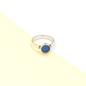 Ink Blue Chalcedony <b>Ring</b> Round Checker Cut Handmade <b>Silver</b> Plated Gemstone <b>Ring</b> with Gold Ball Accents Minimalist <b>Statement</b> <b>Ring</b> - Product Image 4