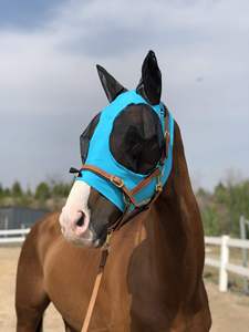 Masque anti-mouches pour chevaux, doux, extensible, protection UV, avec oreilles, couvre-yeux en maille respirante, bleu - Product Image 6