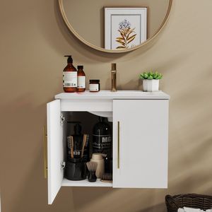Mobile bagno sospeso da 24 pollici con doppio lavabo in ceramica, ante con cerniere a chiusura ammortizzata, montaggio facilitato, finitura oro metallico - Product Image 3