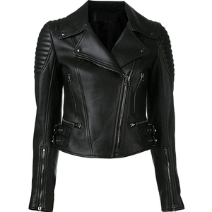 Chaqueta de Motociclista de Cuero Genuino para Mujer, Color Sólido, Manga Larga, Cierre de Cremallera, Cuello Abierto, Estilo Biker, para Otoño - Product Image 5