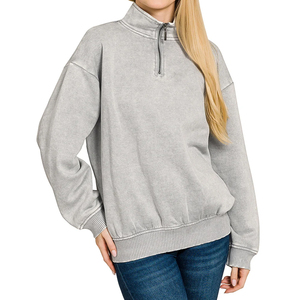 Sudadera de punto gris para mujer con media cremallera, cuello simulado, ajuste regular, mezcla de algodón sólido, transpirable, informal, para otoño - Product Image 1