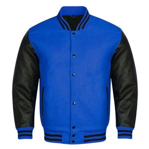 Men's Blue Varsity <b>Jacket</b> With Black PU Sleeves Stand Collar Casual Autumn Wear Regular Fit Button Closure - Product Image 1