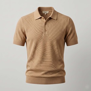 เสื้อเชิ้ตผู้ชายขายส่ง ผ้าฝ้าย 100% พิมพ์ลายถัก สำหรับเสื้อเชิ้ตแขนสั้น ผ้าเนื้อวินเทจสีแทน พร้อมลายปัก ชายเสื้อและปลายแขนแบบริบ - Product Image 5