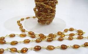 Natural Hessonite Garnet 6-9mm Oval Yellow Brass Beaded <b>Rosary</b> Chain - Product Image 4