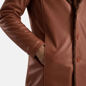 <b>Men's</b> <b>Brown</b> Genuine Leather Shearling Notched Lapel <b>Overcoat</b> Single Breasted Long Coat - Product Image 6