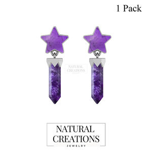 Premium Trendy High Finish 925 Sterling Silver Amethyst Star Pencil Shape <b>Dangle</b> <b>Earrings</b> Bezel Setting Wedding Party Gift - Product Image 2