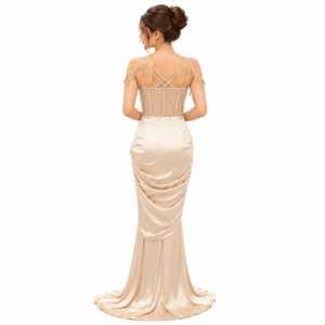 Robe de soirée moderne en satin champagne New Vision pour femmes |   Robe longue droite à bretelles spaghetti brodée, coupe classique - Product Image 4