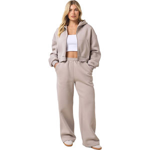 Ensemble de survêtement d'hiver pour femme, couleur chair, épaules tombantes, 100 % coton, à capuche, coupe décontractée, longueur intégrale, délavé à l'acide, couleur unie - Product Image 1