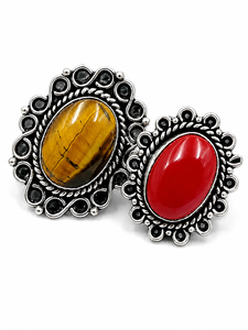 Wholesale <b>Oxidized</b> Silver Tiger Eye Red Coral Gemstone Bezel Setting Ring Women | Vintage Handmade Bohemian Statement Jewelry - Product Image 2