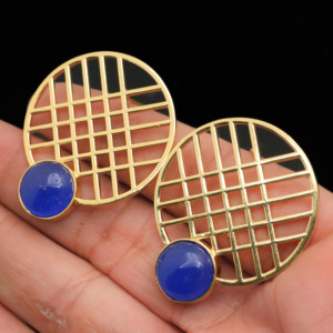 <b>Unique</b> Geometric 18k Gold Plated Grid Earrings with Lapis Lazuli Gemstone – Minimalist Statement Stud Earrings - <b>Gift</b> <b>for</b> <b>her</b> - Product Image 3