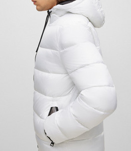 <b>Men's</b> <b>White</b> Hooded Down Jacket Solid Color Zipper Stand Collar Drawstring Puffer <b>Coat</b> - Product Image 3