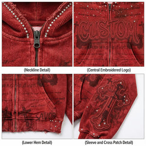 เสื้อฮู้ดซิปผู้ชายแบบสั่งทำพิเศษ ประดับเพชร ทรงโอเวอร์ไซส์ สีแดง ผ้าถัก สไตล์ฮิปฮอป ดีไซน์โลโก้ด้านหน้า - Product Image 4