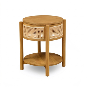 Table de chevet ronde Dhifa en teck massif, style scandinave, élégante et fonctionnelle, avec tiroirs et étagères en rotin, pour villa - Product Image 2