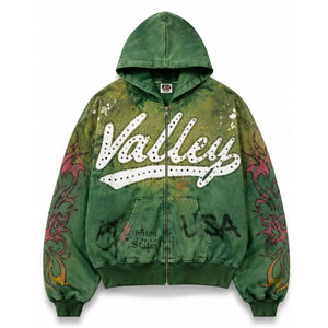เสื้อฮู้ดซิปพิมพ์ลาย Valley USA สำหรับผู้ชาย ทรงโอเวอร์ไซส์ สไตล์สตรีทแวร์ ลายเปลวไฟสีเขียว ผลิตจากผ้าโพลีเอสเตอร์ถัก - Product Image 2