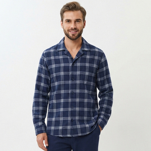 Camisa de Franela a Cuadros para Hombre, Manga Larga, Cuello Camisero, Botones, Estilo Casual, para Otoño, 100% Algodón, Transpirable, Ideal para Dormir - Product Image 1