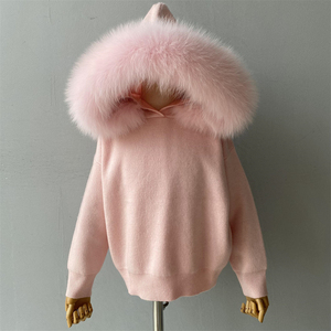<b>Women</b> Pink Hooded Knit <b>Sweatsuit</b> Set With Fur Collar Casual Winter Outfit Loose Fit Full Sleeve Solid Color Pants Side Pockets - Product Image 4