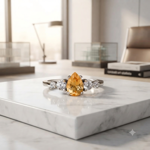Bague de fiançailles en citrine taille poire, argent 925 et plaqué or, avec pierre latérale en moissanite or rose pour femme - Product Image 1