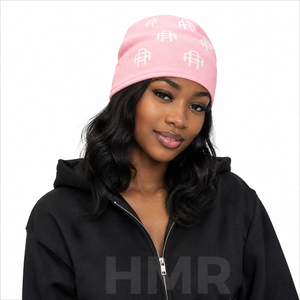 Gorro de punto jacquard rosa, cálido y bonito, de la hermandad HMR, con logotipo bordado, estilo urbano unisex para adultos. - Product Image 4