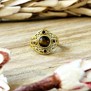 Premium Look Tiger Eye <b>Ring</b> Boho Brass <b>Rings</b> For Women 18k Gold Plated Tribal Filigree <b>Statement</b> Jewelry For Wholesale OEM ODM - Product Image 1