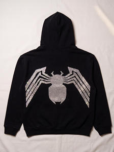 Sudadera con Capucha Negra para Hombre, Diseño Gráfico de Araña con Pedrería en la Espalda, Estilo Urbano Oversize, Sudadera con Capucha de Lujo - Product Image 2