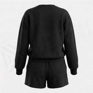 Women's 2 Piece Knitted Solid Black <b>Sweatshirt</b> and Shorts Set Crew Neck Loose Fit Above Knee Casual Wear Full Sleeve 100% Cotton - Product Image 2