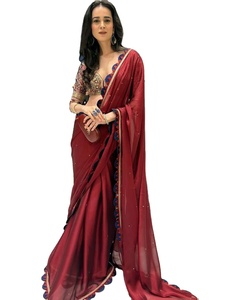 Shraddha Kapoor Inspired Stunning <b>Red</b> Georgette Silk Modal <b>Saree</b> + Blouse Collection Rangoli Blooming Work Multi-Stone Diamond - Product Image 1