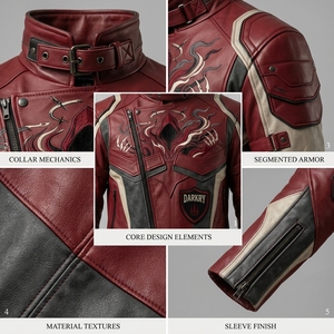 Mens <b>Burgundy</b> Red Genuine <b>Leather</b> Motorcycle <b>Jacket</b> Buckle High Neck Skull Embroidered Cyberpunk Biker Outerwear - Product Image 6