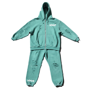 Survêtement unisexe gris à capuche, fermeture éclair intégrale, couleur unie, design vieilli, tenue décontractée pour adultes, saison automne, 100 % coton - Product Image 4