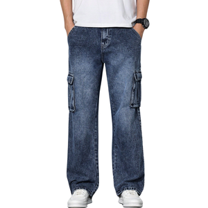 Pantalon cargo en jean bleu pour homme, taille mi-haute, coupe ample, délavage enzymatique, multi-poches, décontracté, respirant, séchage rapide - Product Image 1
